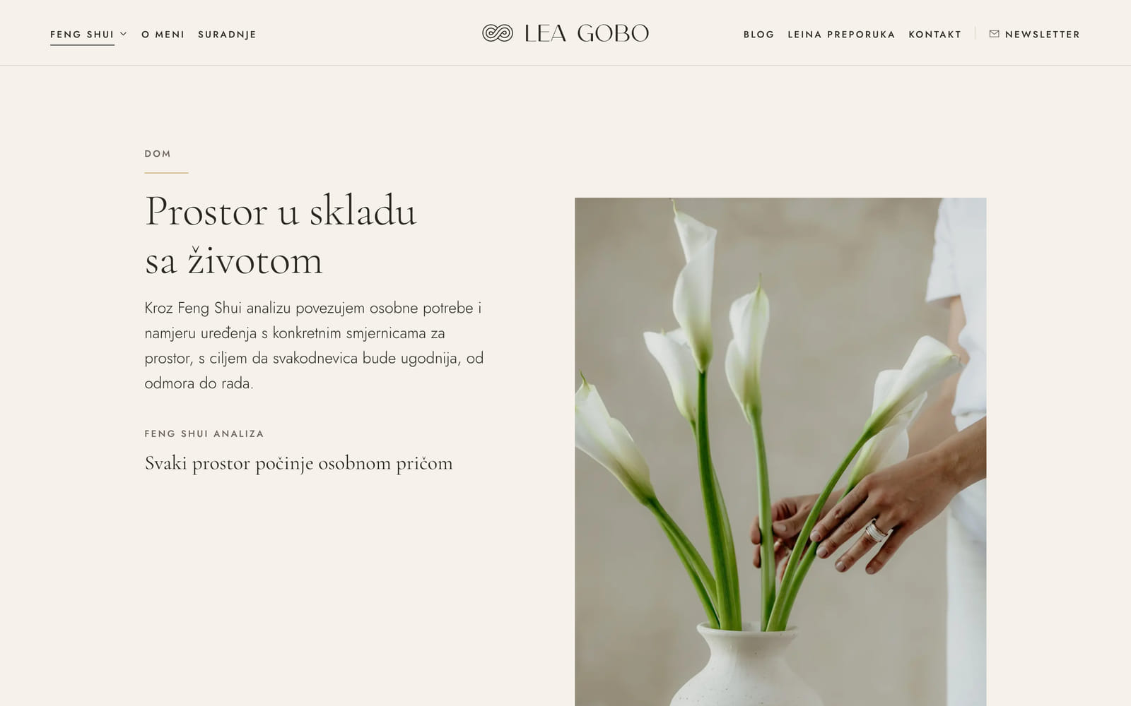 Stranica Dom na webu Lea Gobo, naslov, uvodni tekst i fotografija kala u vazi