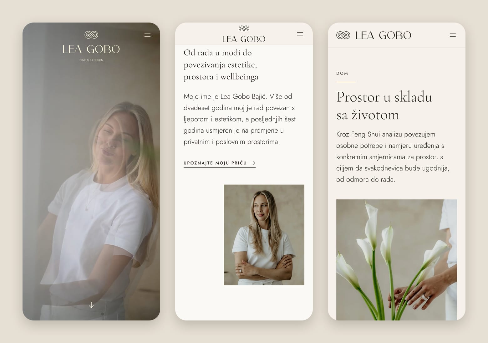 Web Lea Gobo na mobitelu, prvi ekran, uvod i stranica Dom